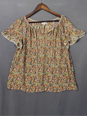Max Studio Floral Flutter Sleeve Peasant Top in Orange, Yellow, Green Floral, M